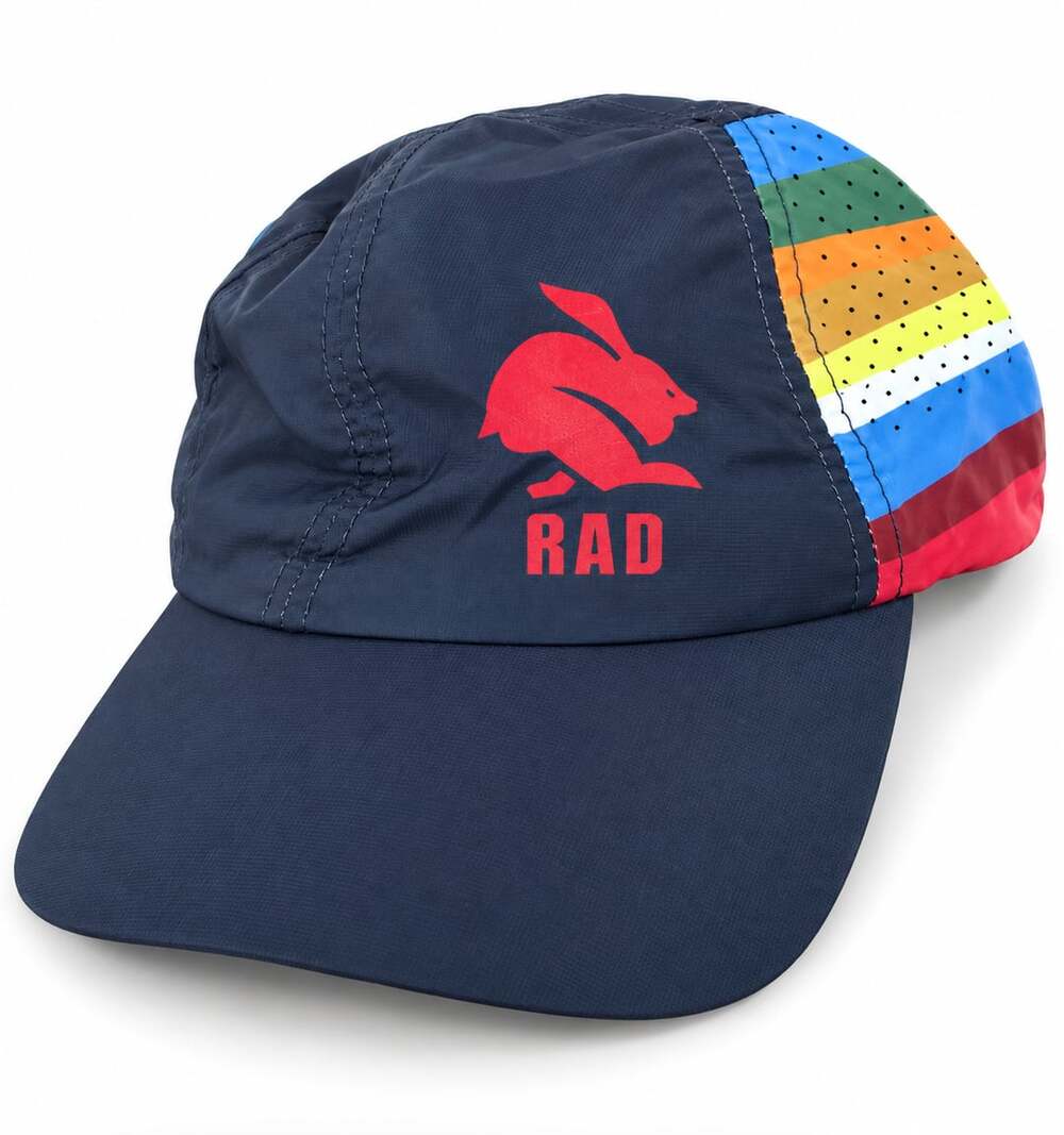 Rabbit Running Hat Cap RAD Navy Blue Rainbow Striped Perforated